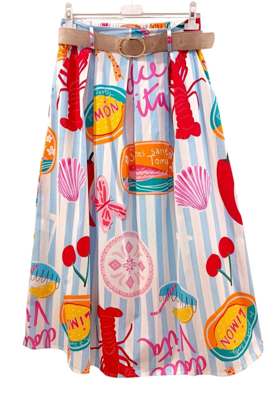 Jupe longue rayures bleu-blanc blanc motifs colorées imprimées Dolce vita italie Longueur 90cm Taille élastiquée au dos et ceinture incluse 100% coton