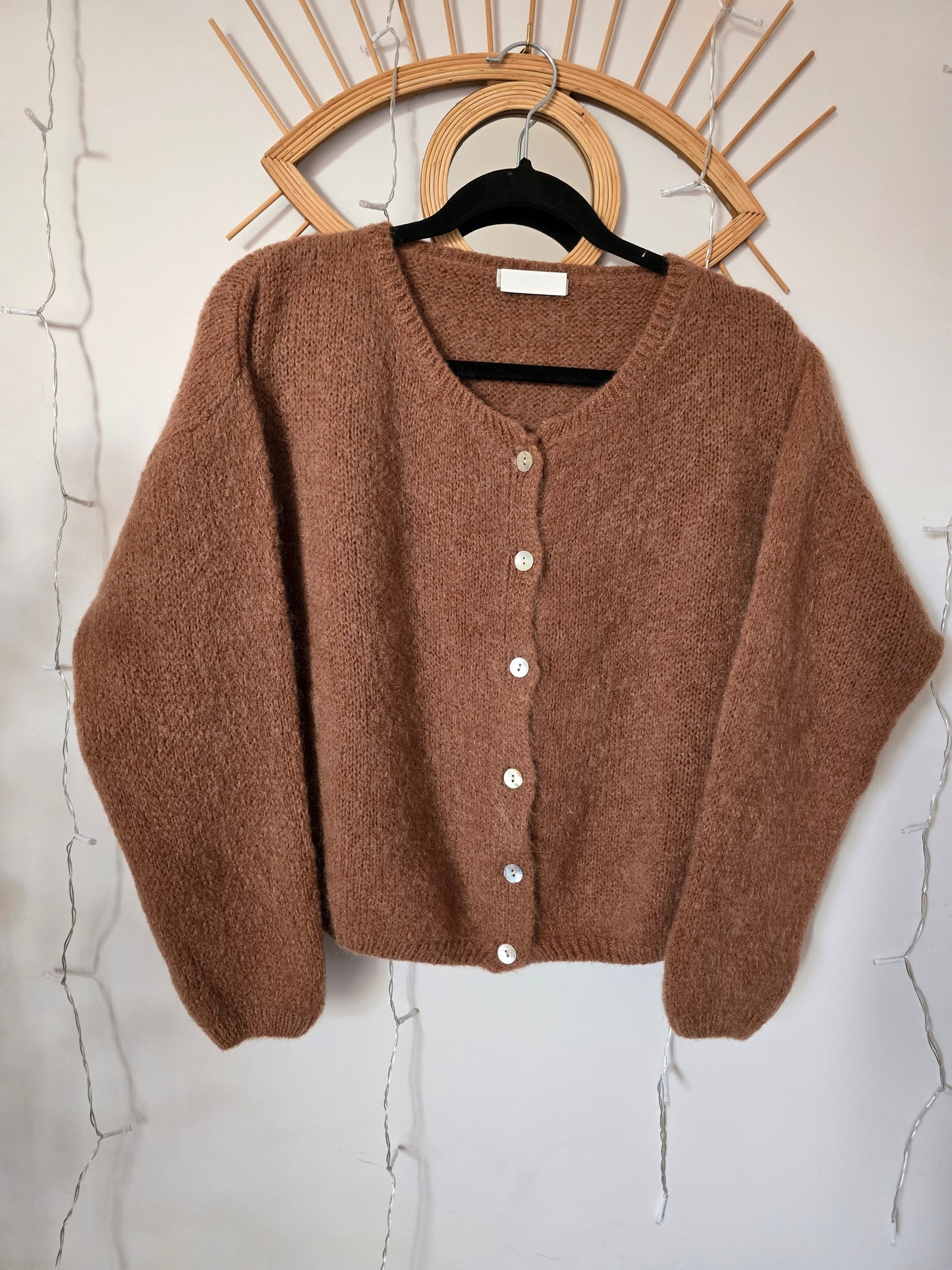 Gilet cardigan camel réversible mohair col rond 6 boutons nacrés