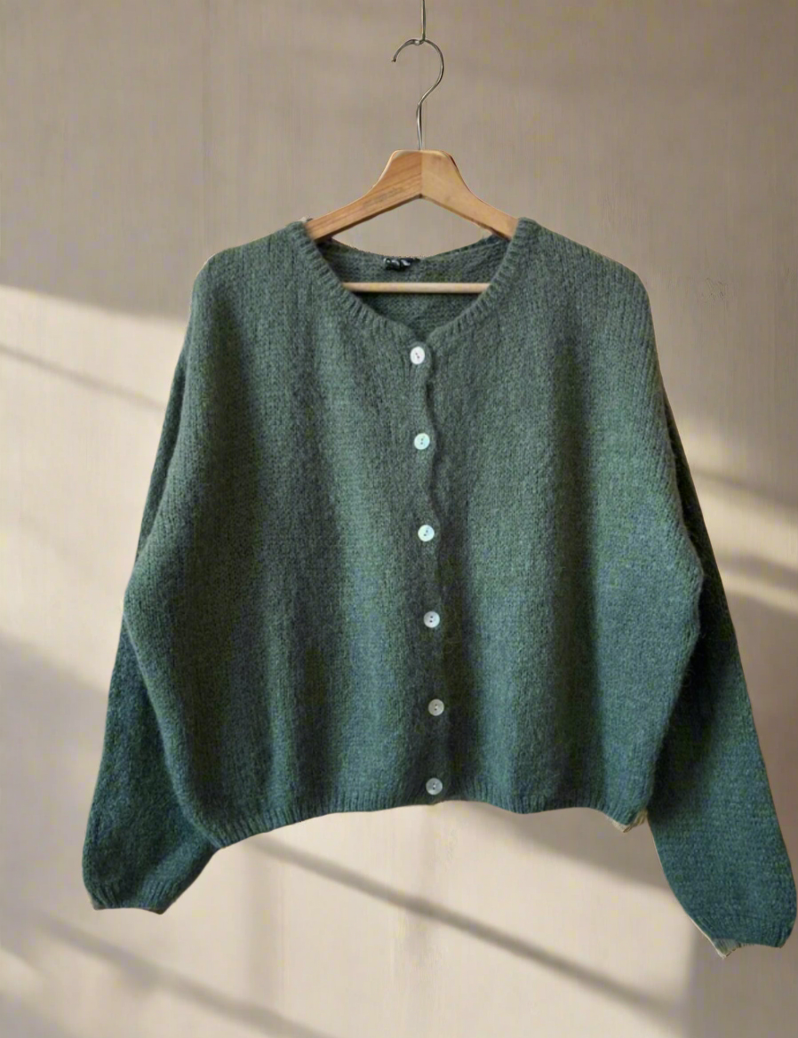 Gilet cardigan kaki réversible mohair col rond 6 boutons nacrés