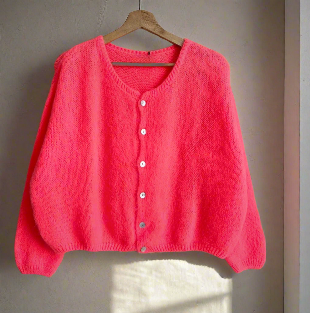 Gilet cardigan corail fluo réversible mohair col rond 6 boutons nacrés