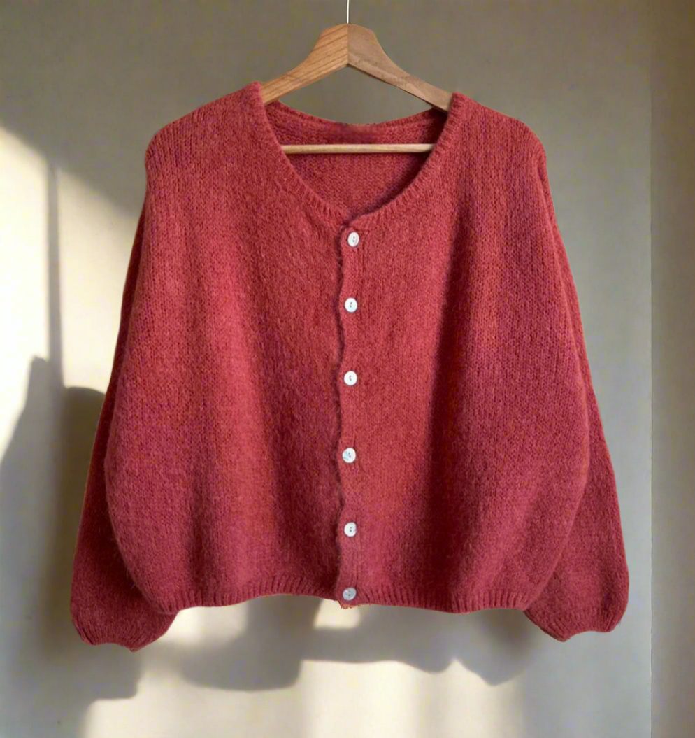 Gilet cardigan paprika terracota mohair col rond 6 boutons nacrés