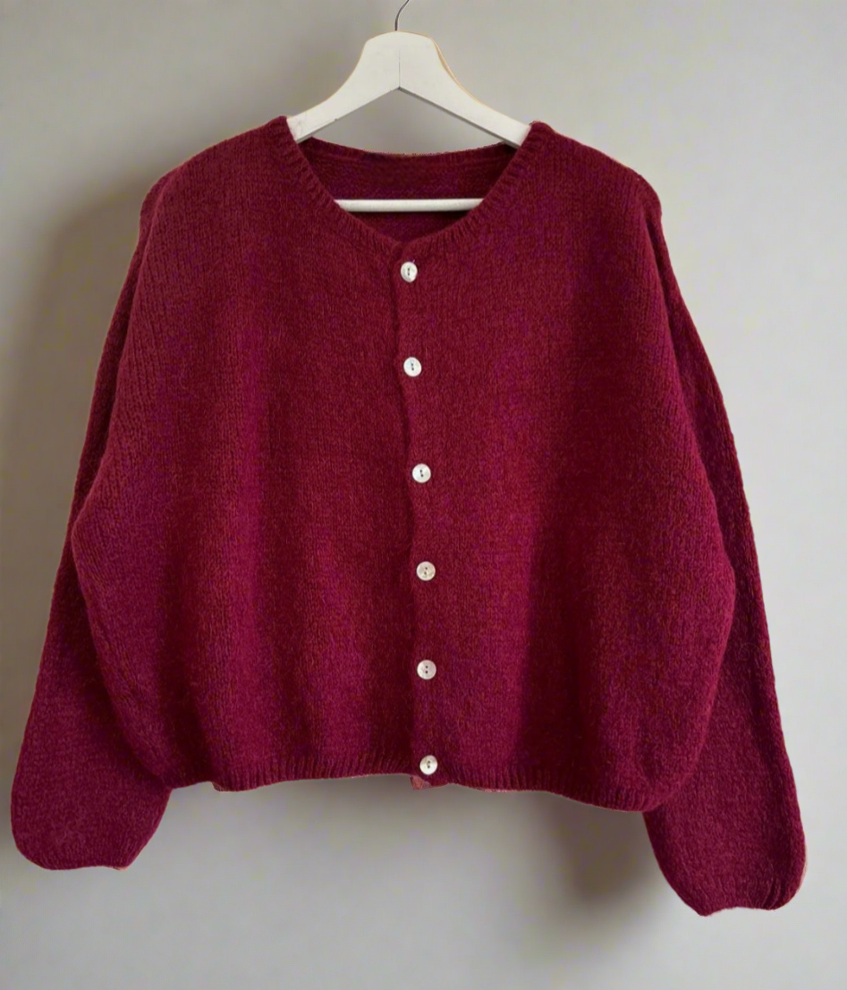 Gilet cardigan bordeaux réversible mohair col rond 6 boutons nacrés