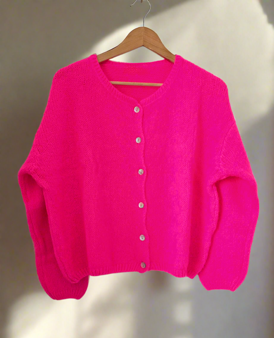 Gilet cardigan rose fluo réversible mohair col rond 6 boutons nacrés