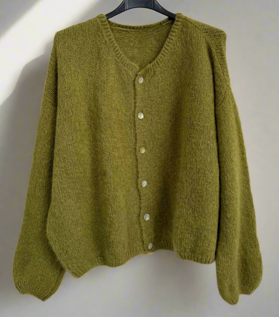 Gilet cardigan pistache réversible mohair col rond 6 boutons nacrés