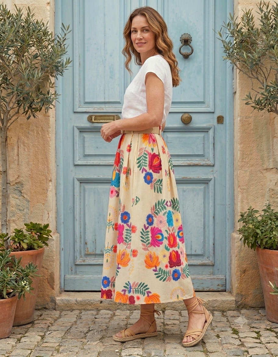 Jupe longue coton fines rayures jaune clair blanc motifs imprimés fleuris Longueur 90cm Taille élastiquée au dos et ceinture incluse 100% coton dolce vita firstcollection 