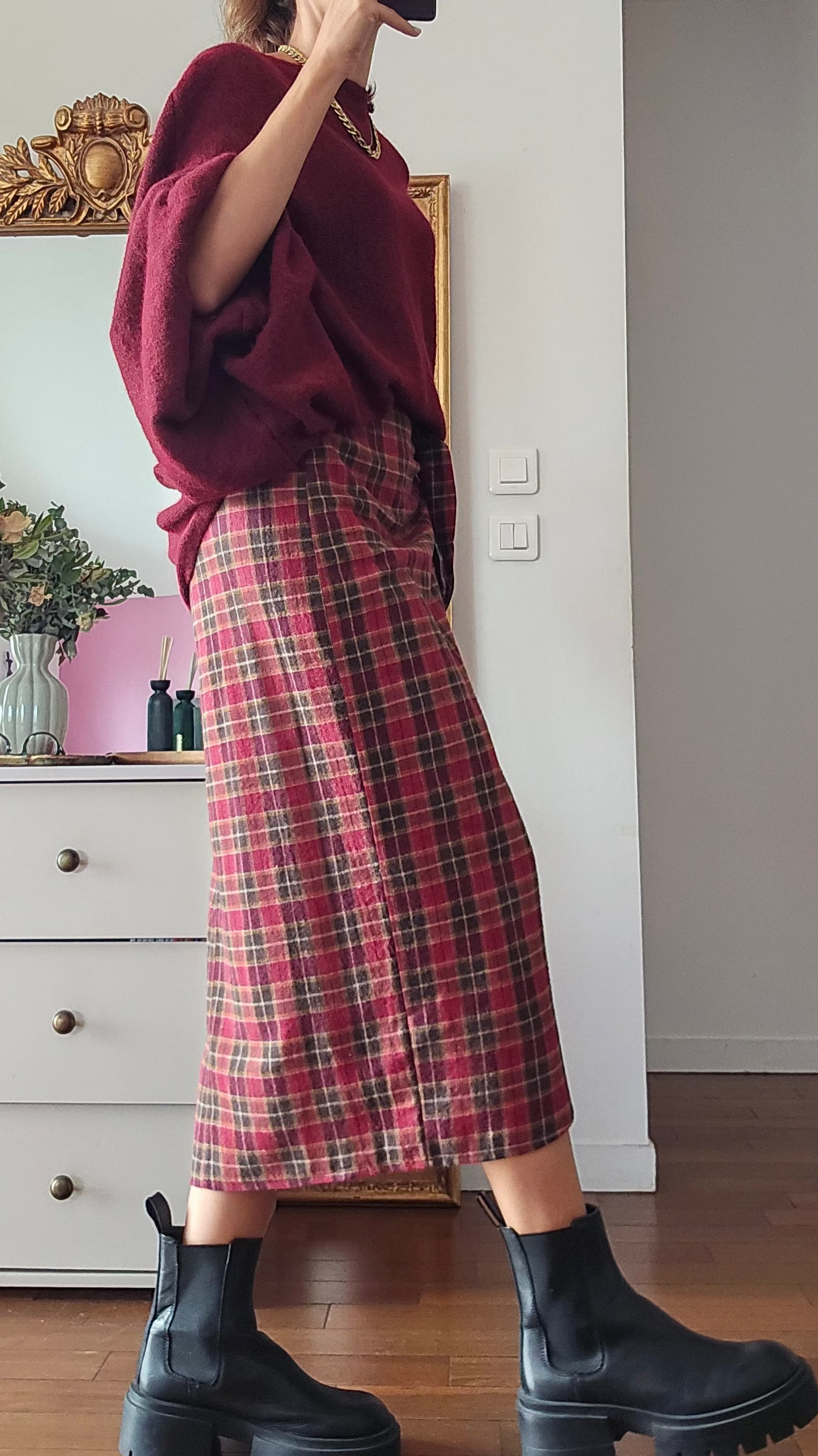 Jupe midi portefeuille femme à carreaux bordeaux effet flanelle Myriam firstcollection 