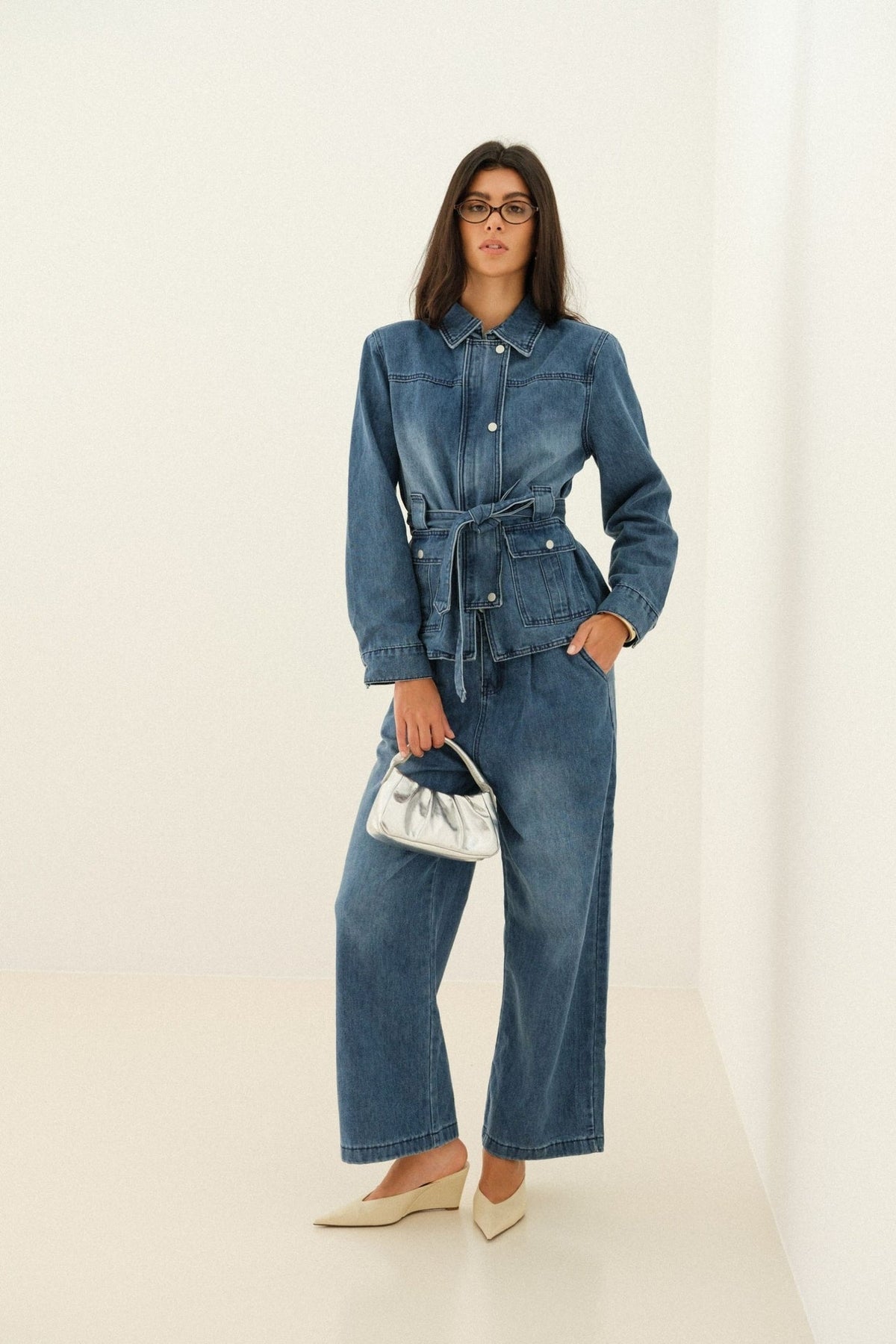 Ensemble denim femme TU du 34 au 42 - Veste ceinturée et pantalon large Firstcollection
