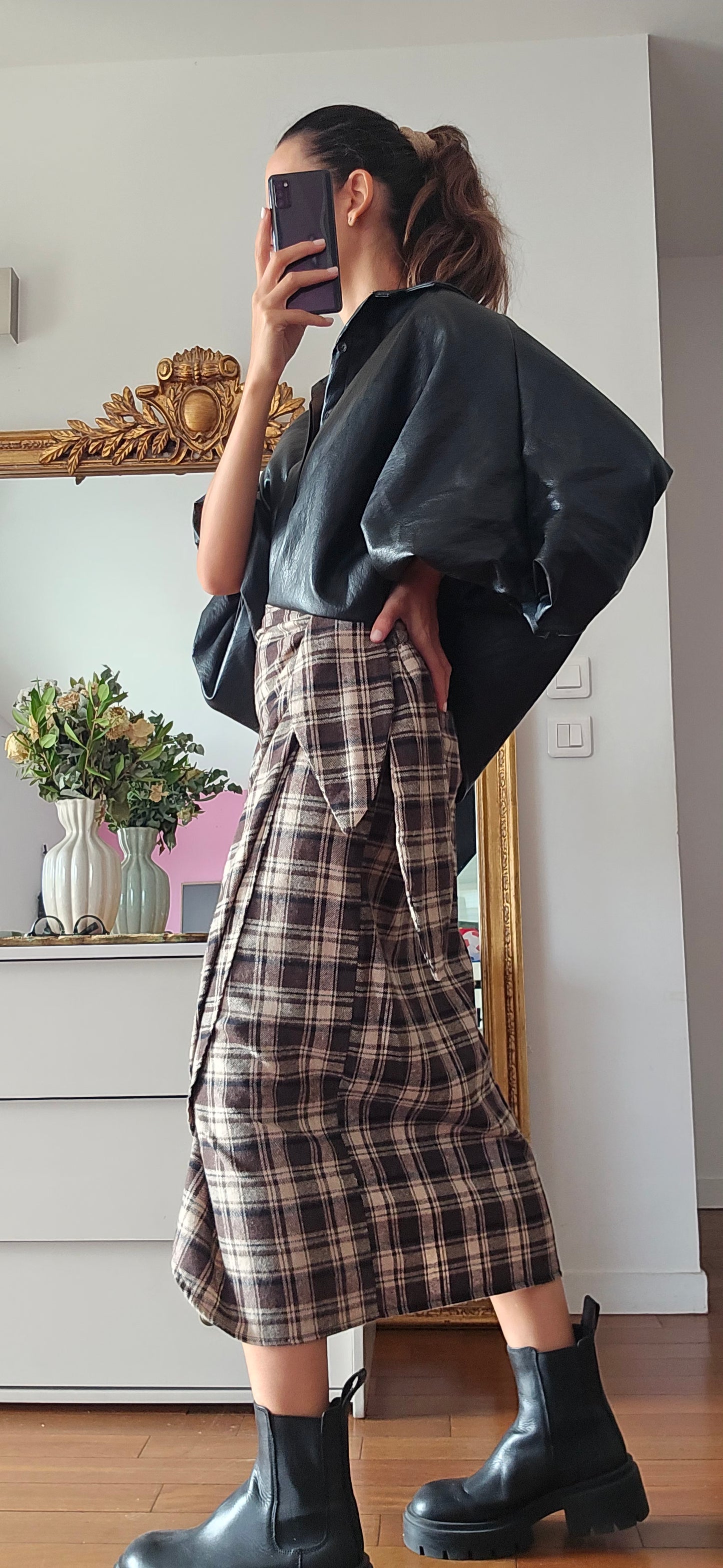 Jupe midi portefeuille femme à carreaux marron effet flanelle Myriam firstcollection 