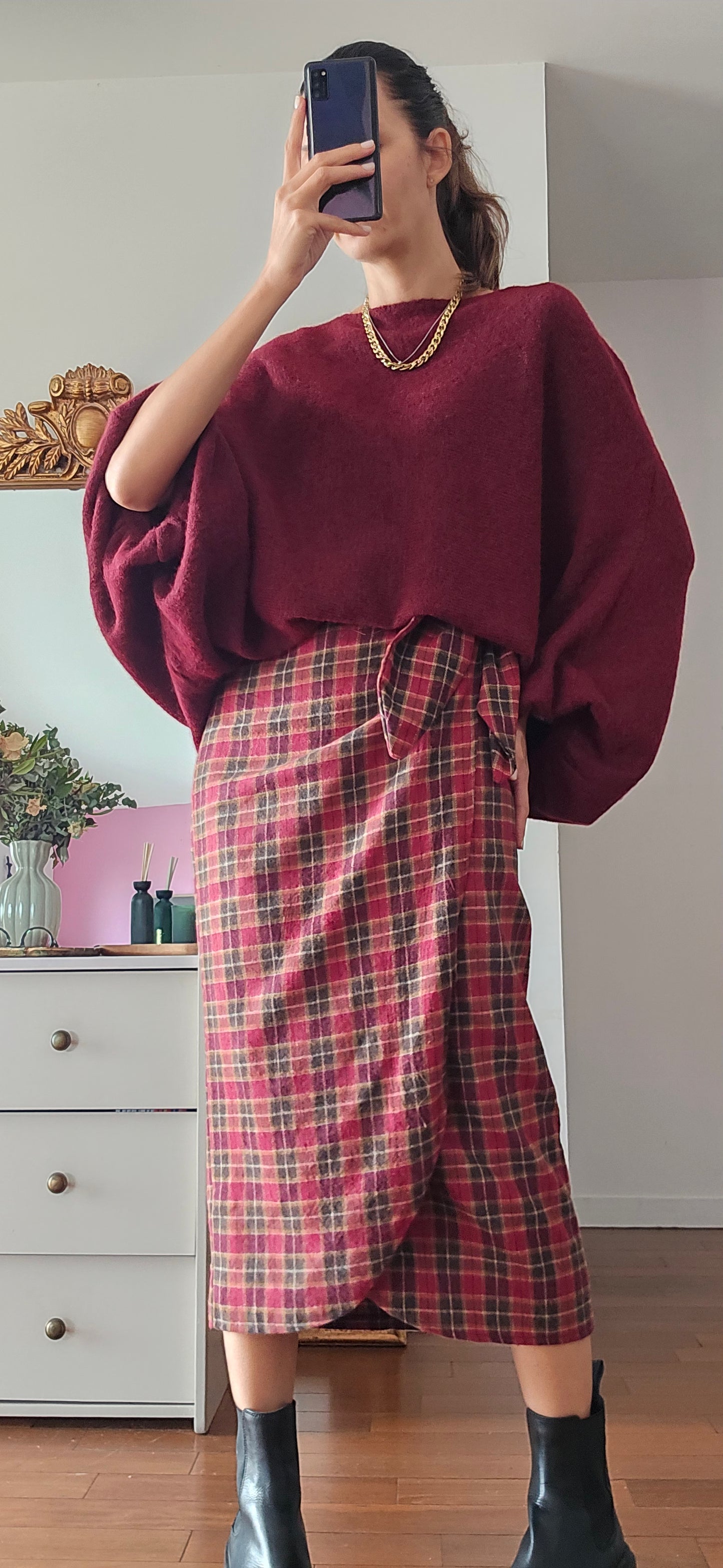 Jupe midi portefeuille femme à carreaux bordeaux effet flanelle Myriam firstcollection 
