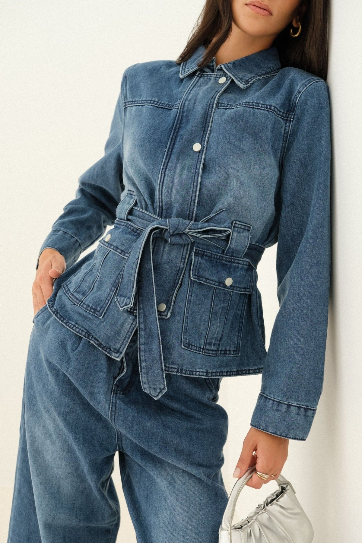 Ensemble denim femme TU du 34 au 42 - Veste ceinturée et pantalon large Firstcollection