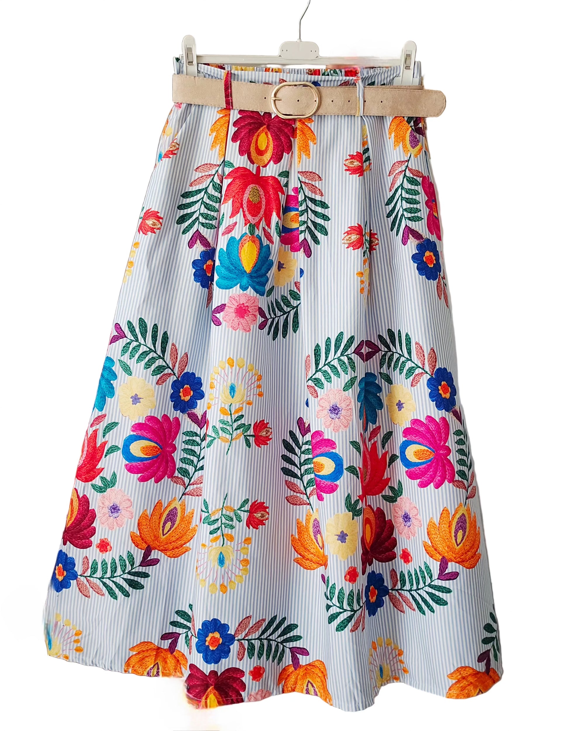 Jupe longue fine rayures fleurs imprimées colorées avec ceinture 