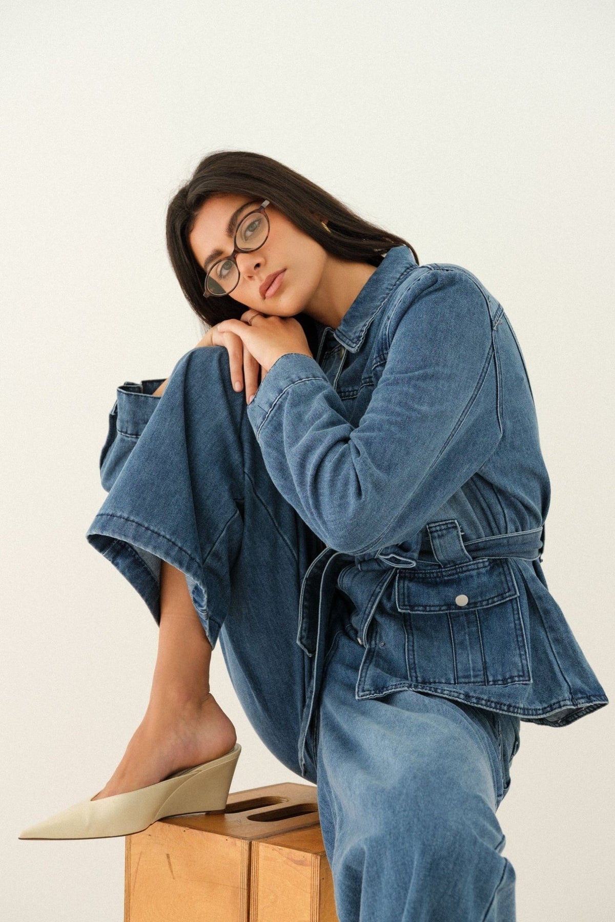 Ensemble denim femme TU du 34 au 42 - Veste ceinturée et pantalon large Firstcollection.fr 