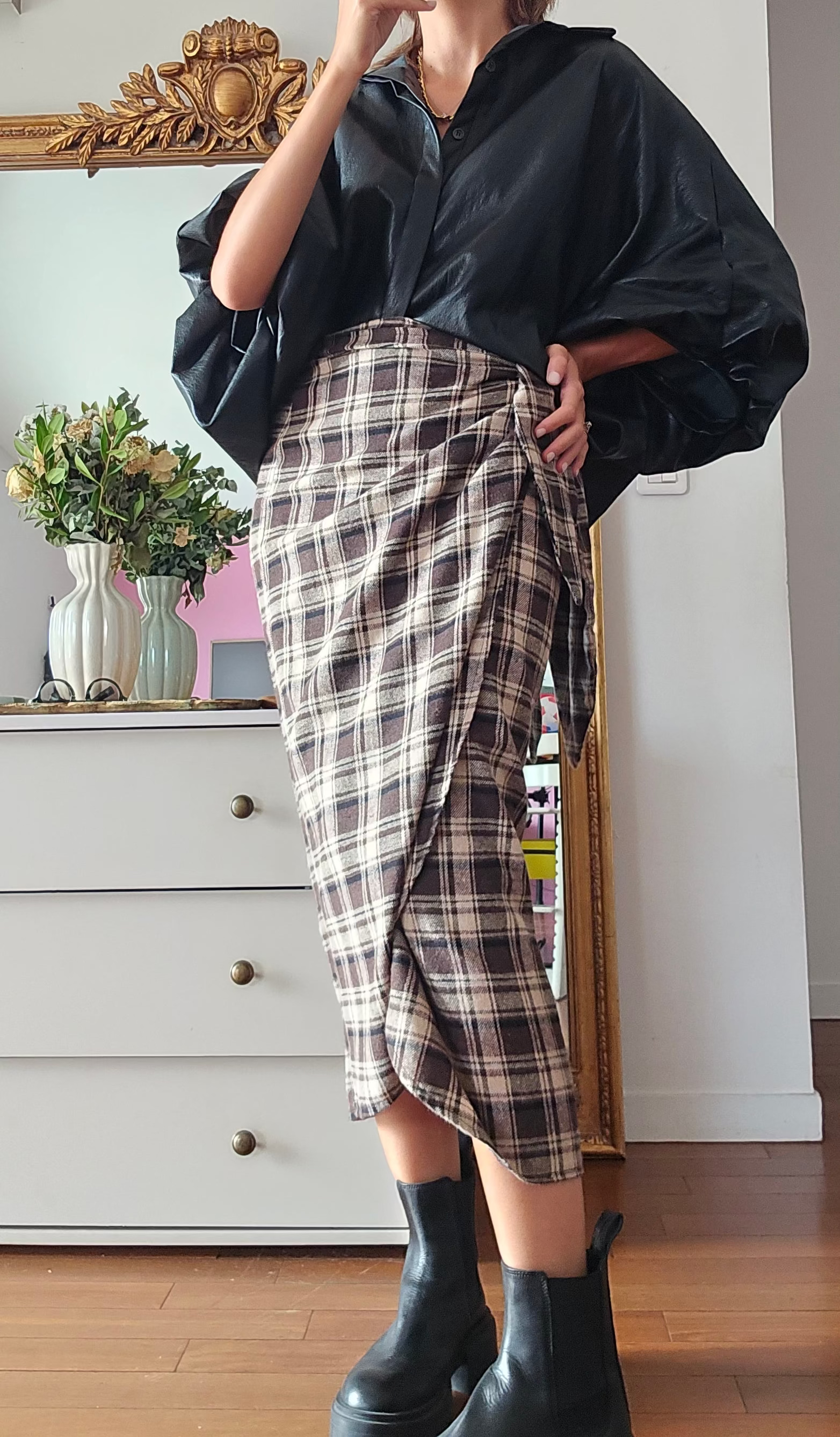 Jupe midi portefeuille femme à carreaux marron effet flanelle Myriam firstcollection 