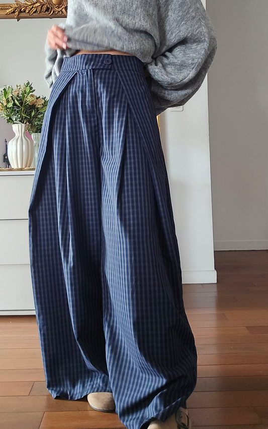 Pantalon large palazzo à carreaux bleu marine-gris femme à soufflés rabats Jason Firstcollection 