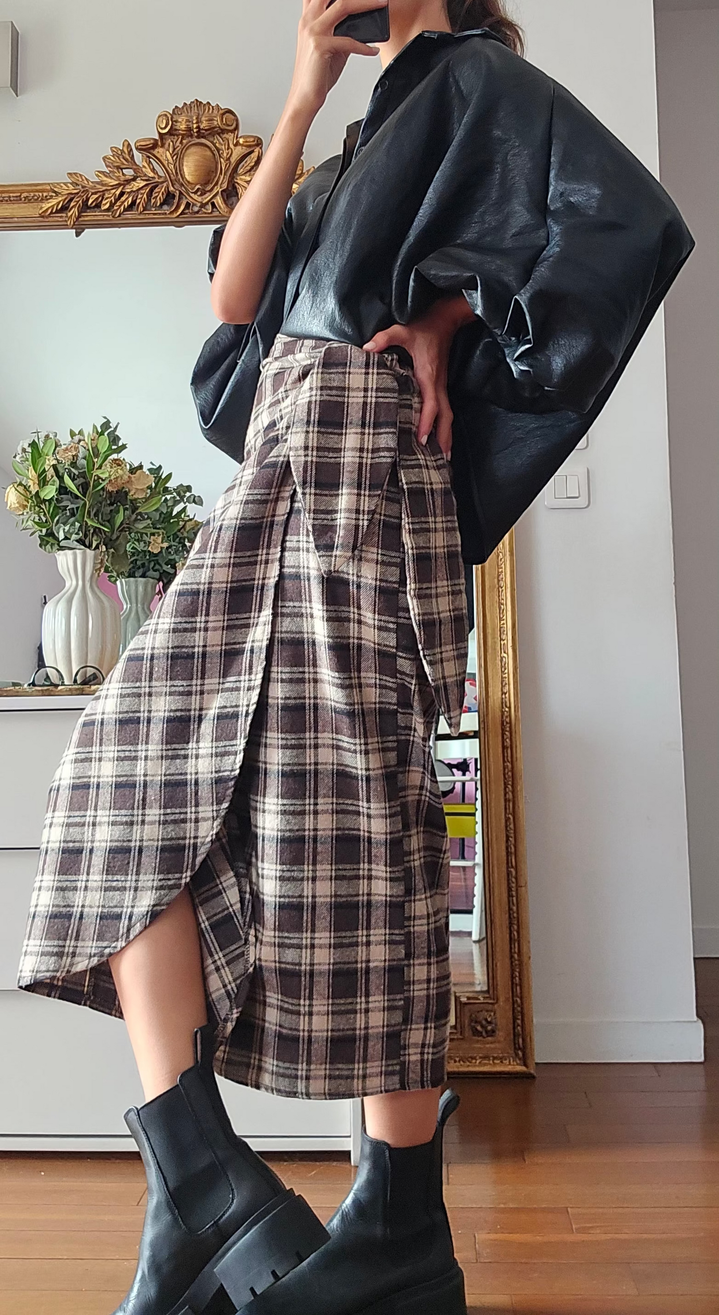 Jupe midi portefeuille femme à carreaux marron effet flanelle Myriam firstcollection 