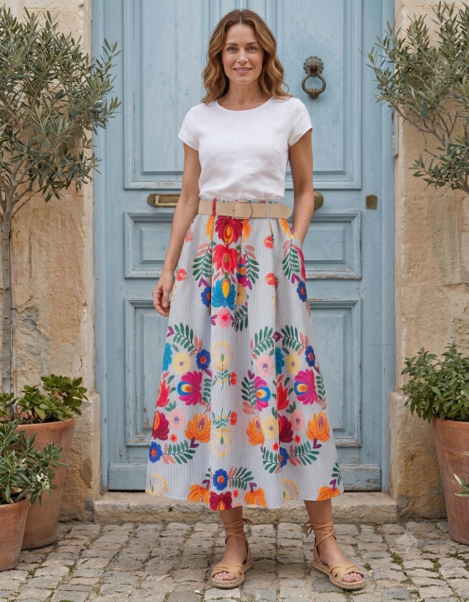 Jupe longue coton fines rayures bleu clair blanc motifs imprimés fleuris Longueur 90cm Taille élastiquée au dos et ceinture incluse 100% coton dolce vita firstcollection 
