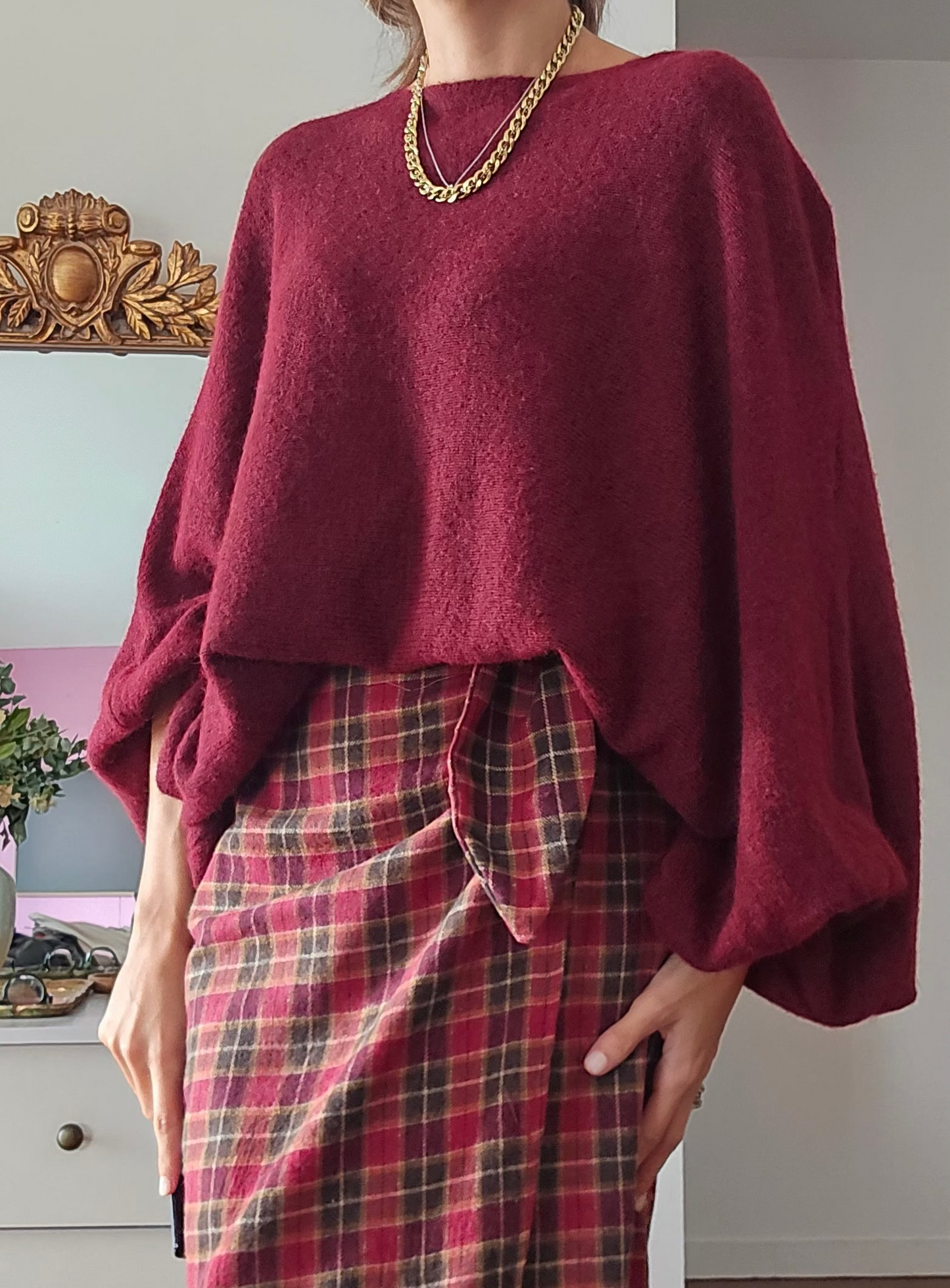 Pull ample femme bordeaux à manches bouffantes en mélange d'alpaga Louka