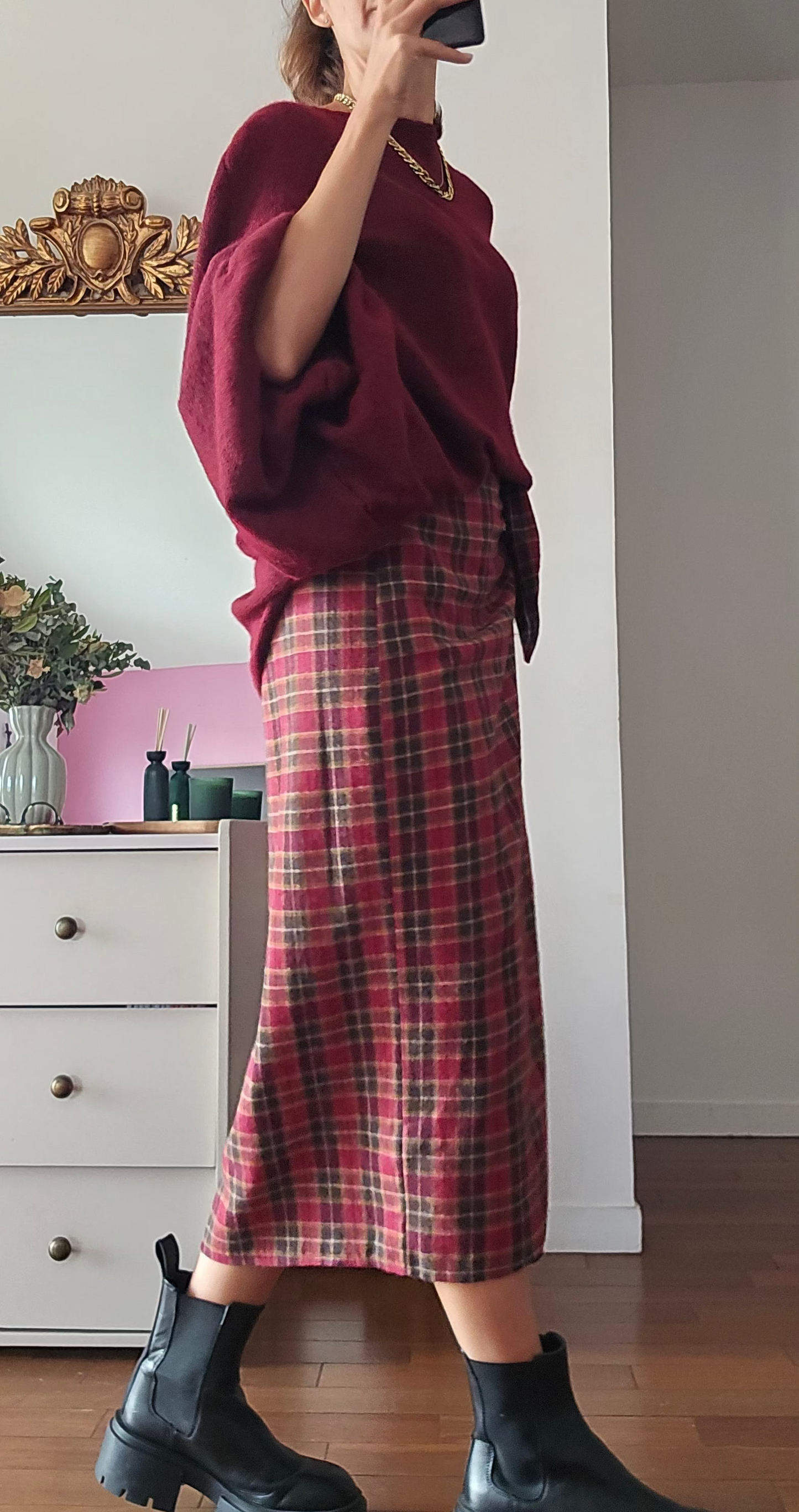 Jupe midi portefeuille femme à carreaux bordeaux effet flanelle Myriam firstcollection 
