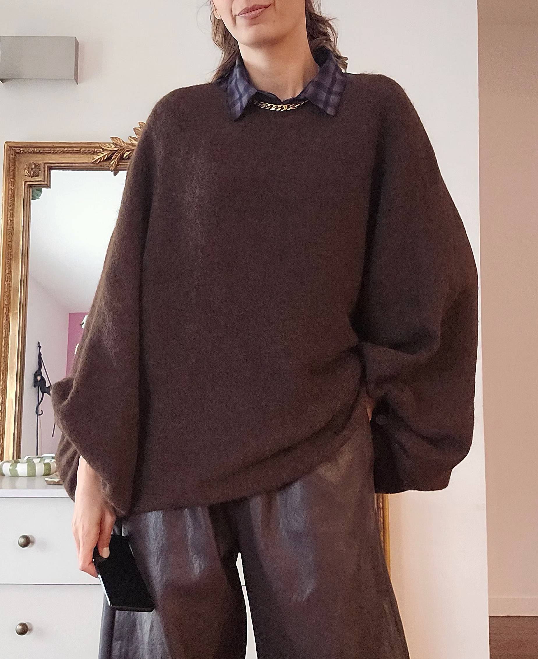 Pull ample femme chocolat marron manches bouffantes en mélange d'alpaga Louka