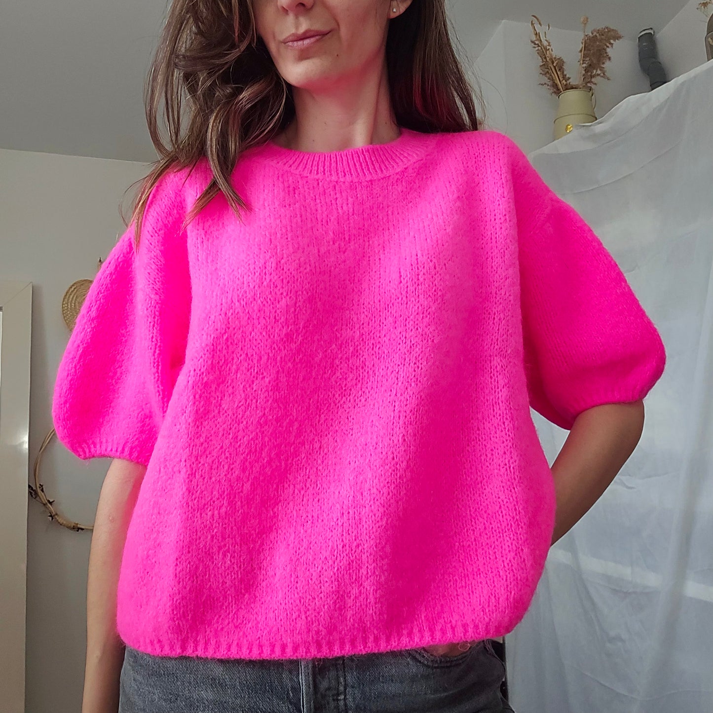 Haut Pessy manches courtes rose fluo 20% mohair