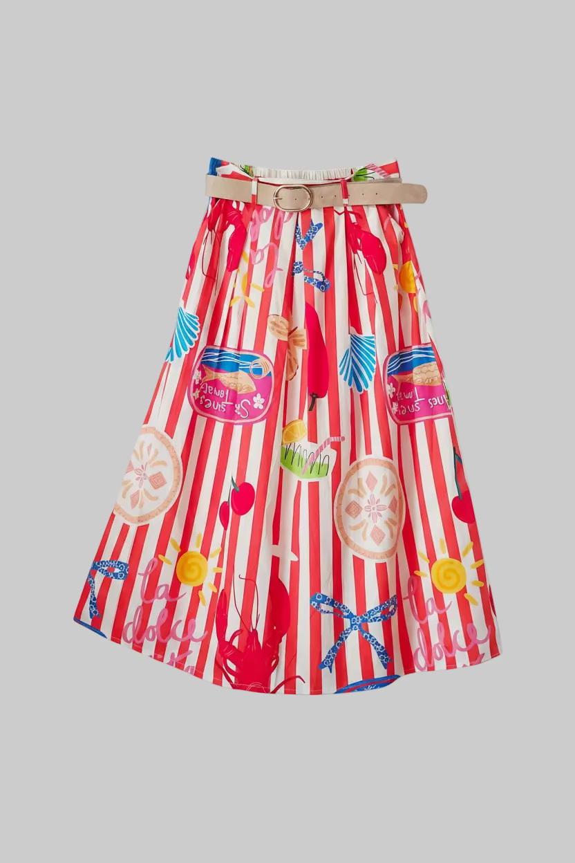 Jupe longue rayures rouge-blanc blanc motifs colorées imprimées Dolce vita Italie Longueur 90cm Taille élastiquée au dos et ceinture incluse 100% coton