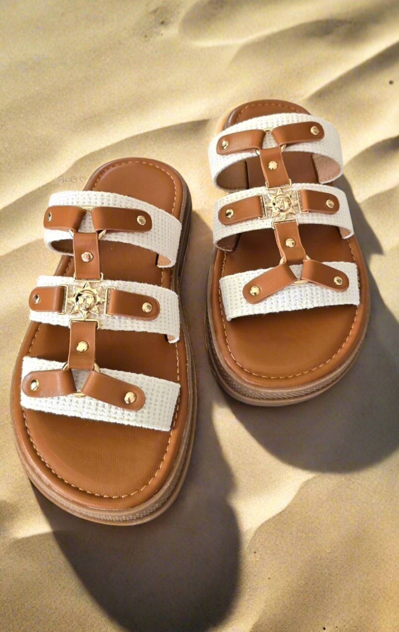 Sandales camel blanche doré tendance firstcollection
