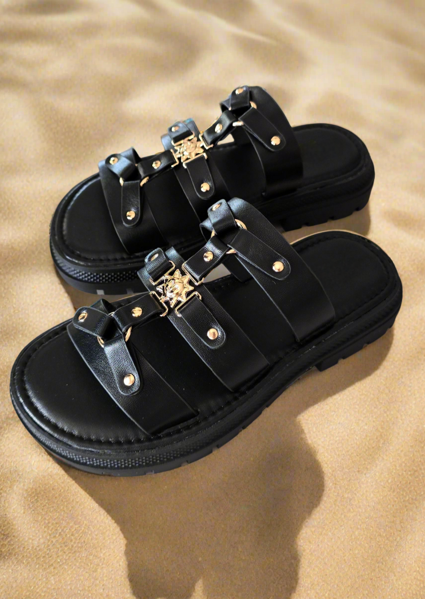 Sandales noires soleil doré tendance firstcollection