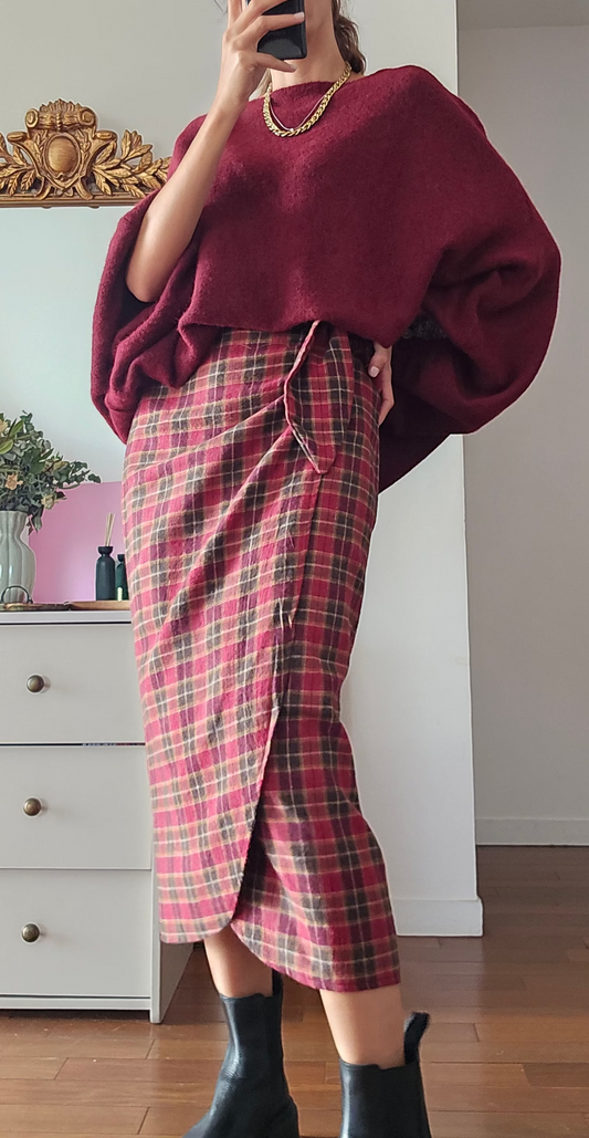Jupe midi portefeuille femme à carreaux bordeaux effet flanelle Myriam firstcollection 