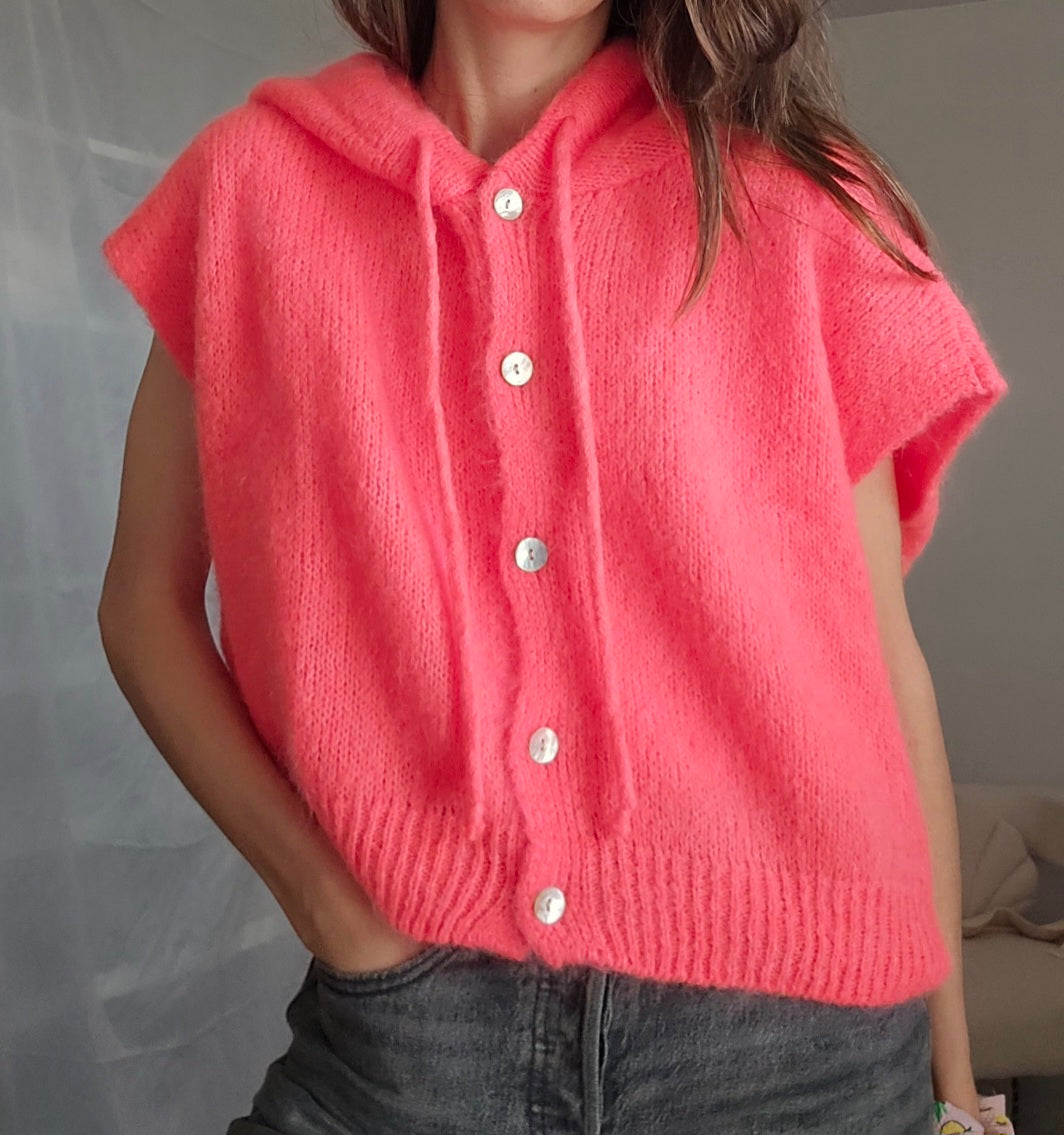 Gilet cardigan maille corail fluo sans manches avec capuche et cordons de serrage boutons nacrés style décontracté sportswear 