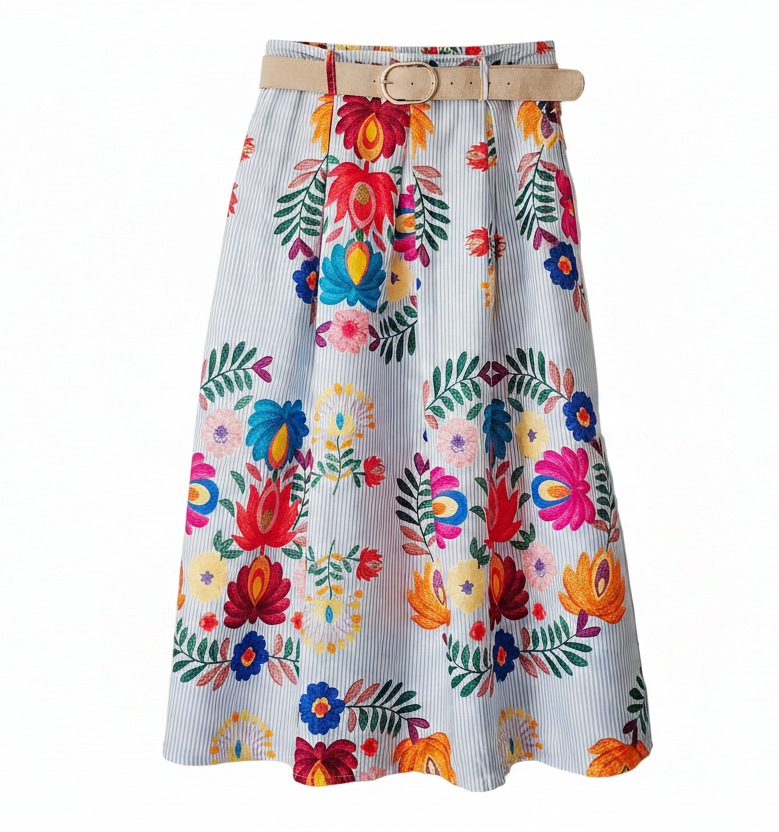 Jupe longue coton fines rayures bleu clair blanc motifs imprimés fleuris avec ceinture incluse firstcollection 