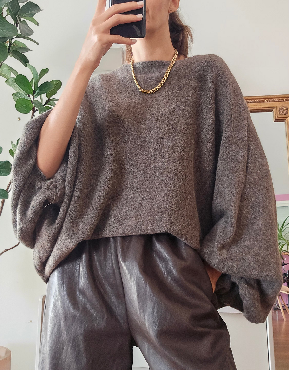 Pull ample femme taupe à manches bouffantes en mélange d'alpaga Firstcollection 
