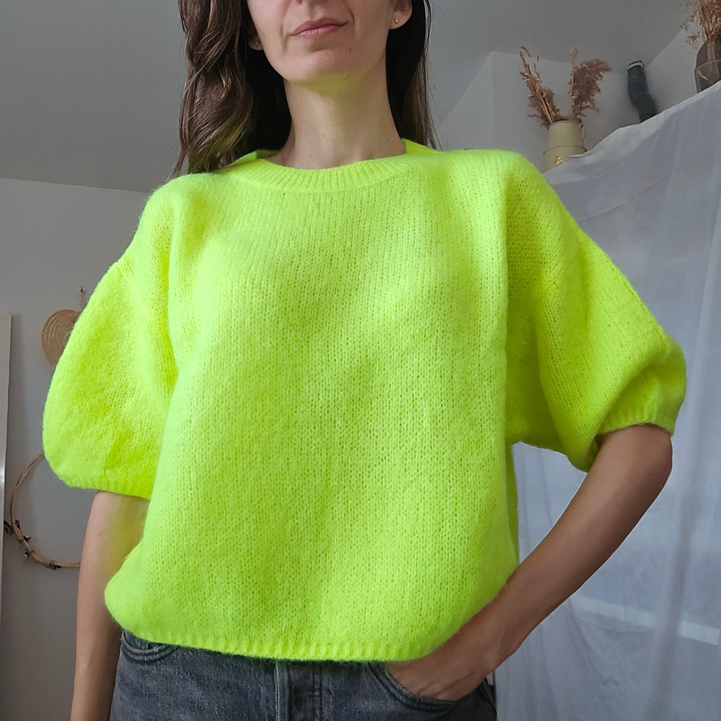 Haut Pessy manches courtes jaune fluo 20% mohair