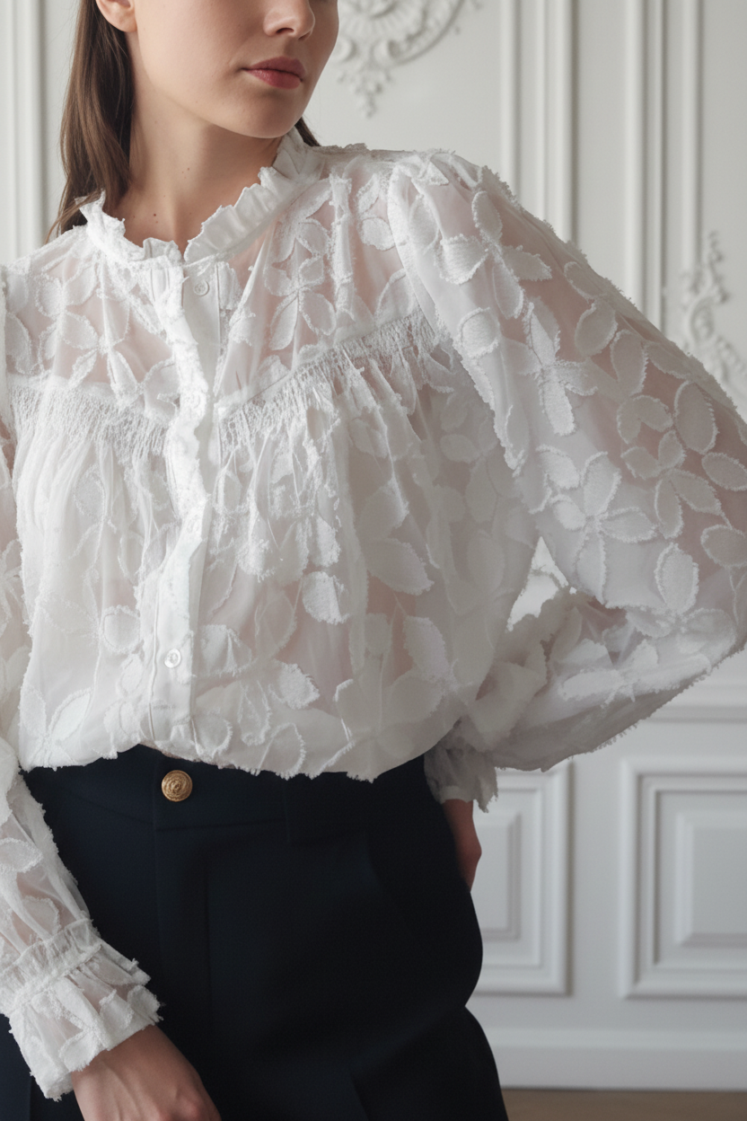 Chemise Alba blanche - zoom détail col montant volanté et poignets travaillés - First Collection