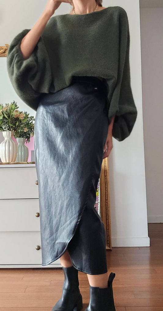 Jupe midi portefeuille femme en simili cuir noir Mady Firstcollection 