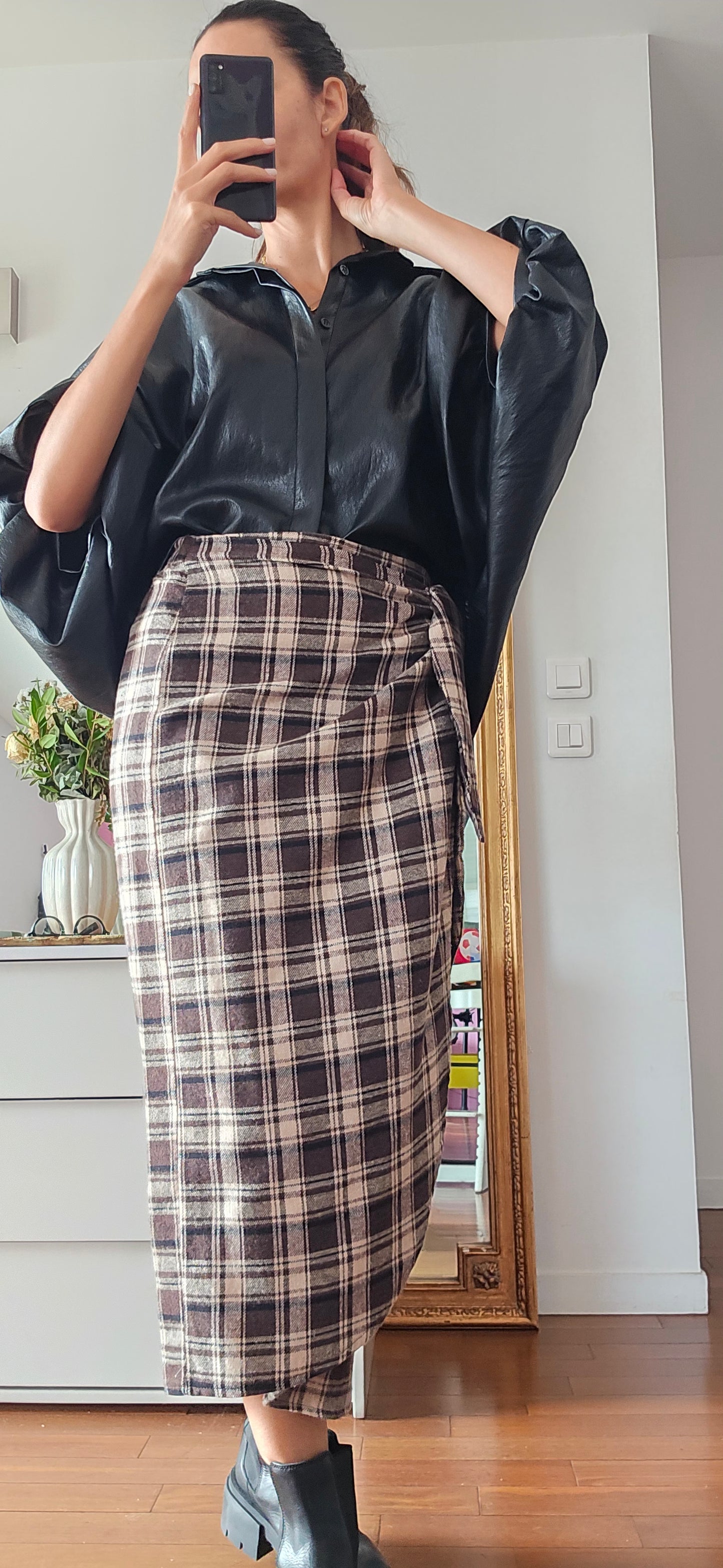 Jupe midi portefeuille femme à carreaux marron effet flanelle Myriam firstcollection 