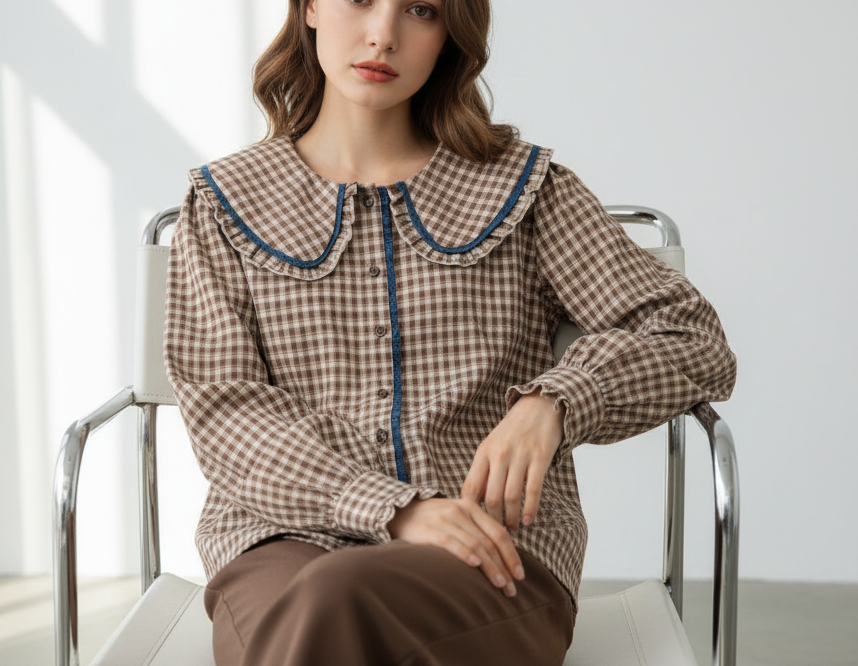 Chemise à carreaux brun écru manches longues col clodine lilietlala