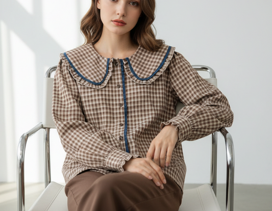 Chemise à carreaux brun écru manches longues col clodine lilietlala