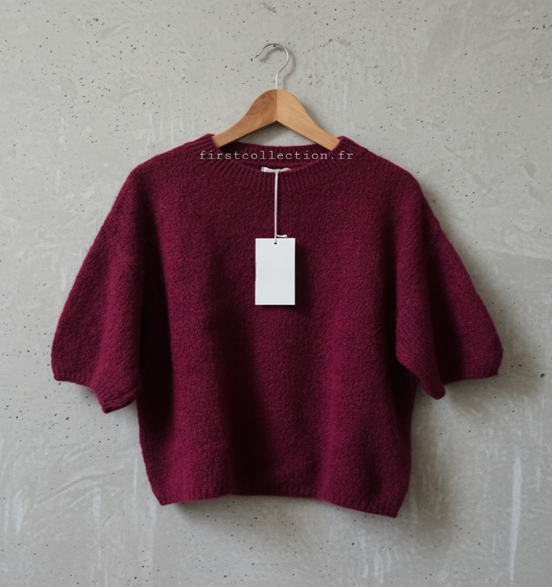 Pull Pessy bordeaux à manches courtes bordeaux burgundy en maille mohair 20% fluffy cocooning - First Collection