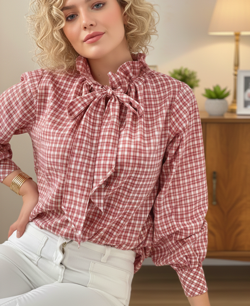 Chemise à carreaux rouge bordeaux écru manches longues col victorien à noeud
