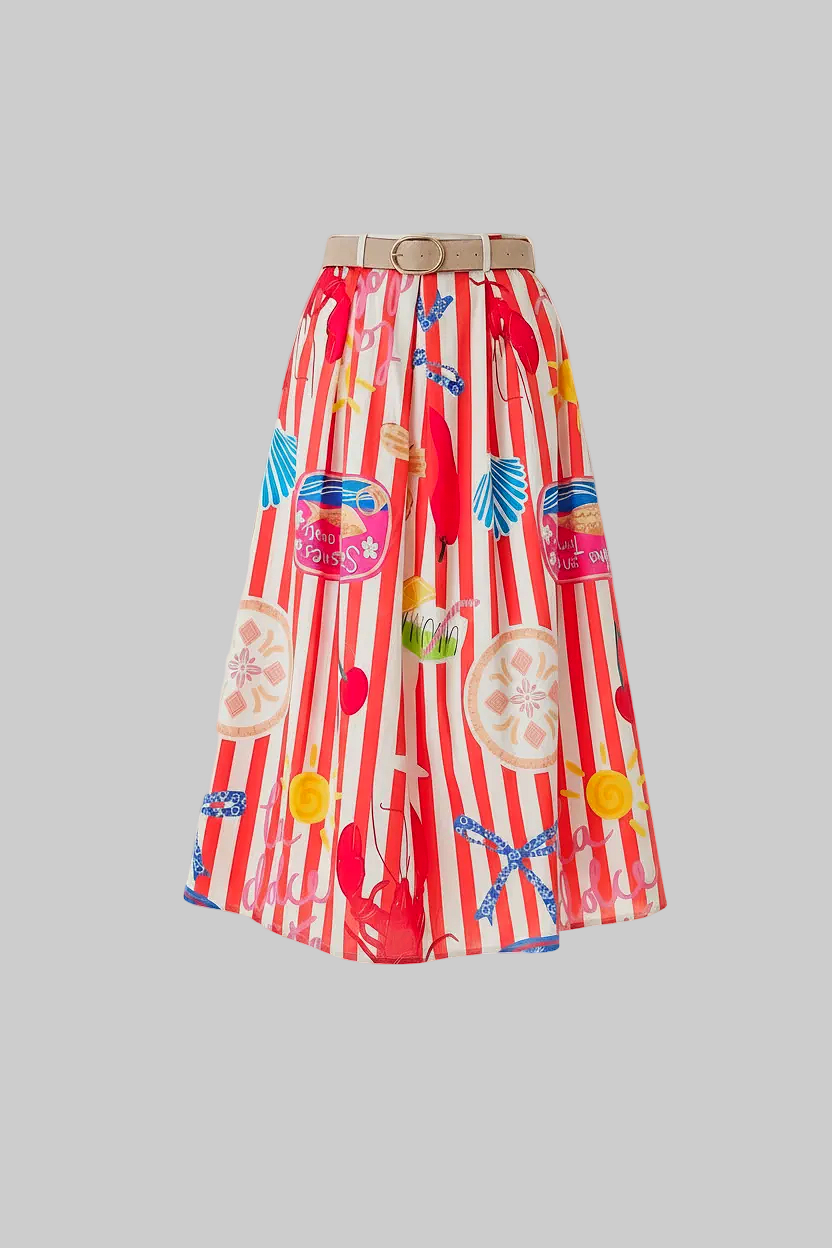 Jupe longue rayures rouge-blanc blanc motifs colorées imprimées Dolce vita italie Longueur 90cm Taille élastiquée au dos et ceinture incluse 100% coton