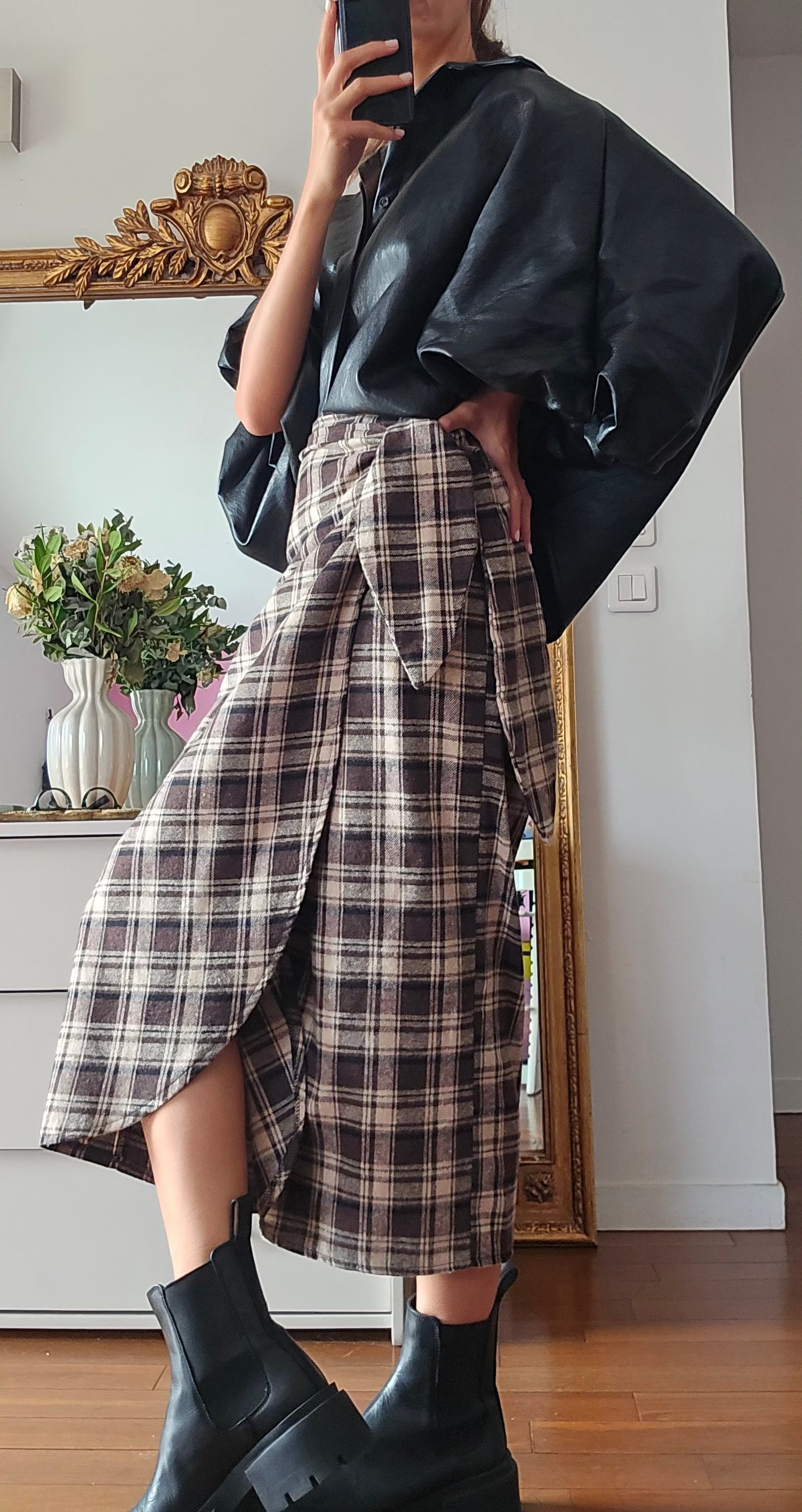 Jupe midi portefeuille femme à carreaux marron effet flanelle Myriam firstcollection 